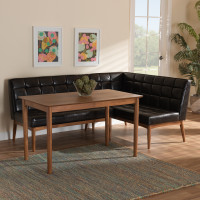 Baxton Studio BBT8051.11-Dark BrownWalnut-3PC Dining Nook Set Baxton Studio Sanford Mid-Century Modern Dark Brown Faux Leather Upholstered and Walnut Brown Finished Wood 3-Piece Dining Nook Set